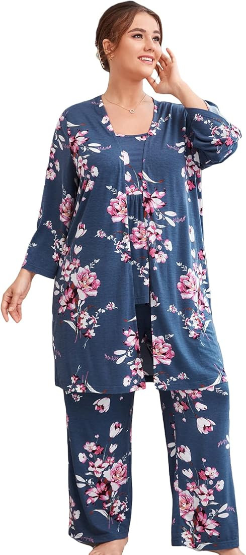 WDIRARA Women's 3 pcs Sleepwear Leaf Print Cami and Pants Pajama Set with Robe | Amazon (US)