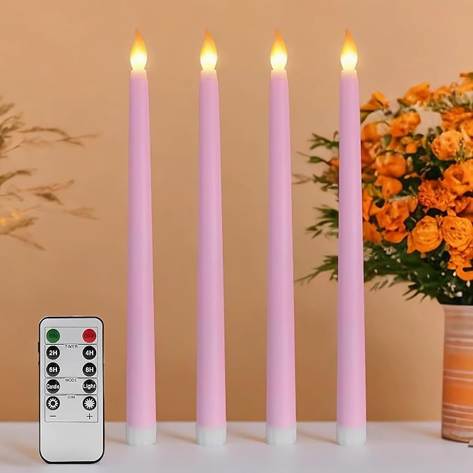 Pink Flameless Taper Candles with Remote, Flickering Battery Powered LED Candlesticks Set of 4 | Amazon (US)