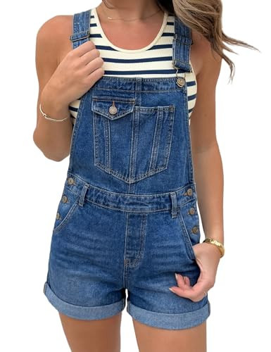 BISUAL Denim Overalls Shorts for Women Loose Fit Casual Jean Overalls Adjustable Strap Jumpsuit for Women with Bib Pocket Dark Blue S | Amazon (US)