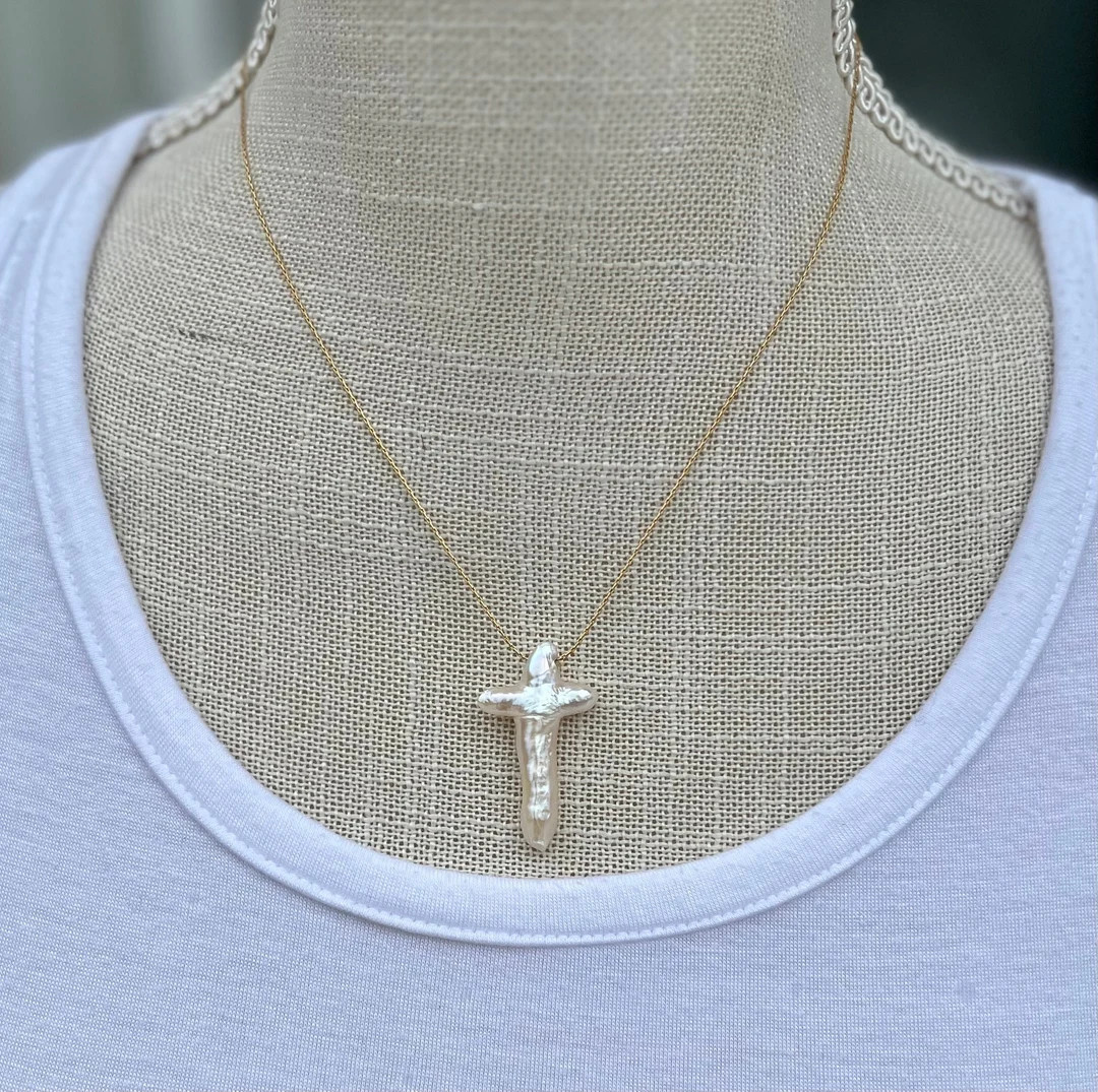 Pearl Cross Necklace / Gold Filled / Sterling Silver / Pearl - Etsy | Etsy (US)