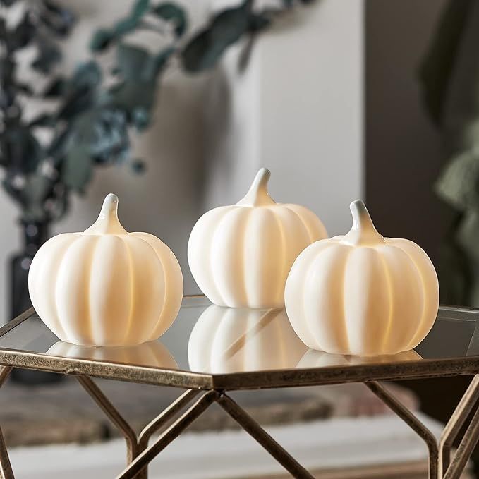 Lights4fun, Inc. Set of 3 White Ceramic Pumpkin Battery Operated LED Fall Thanksgiving Lighted De... | Amazon (US)