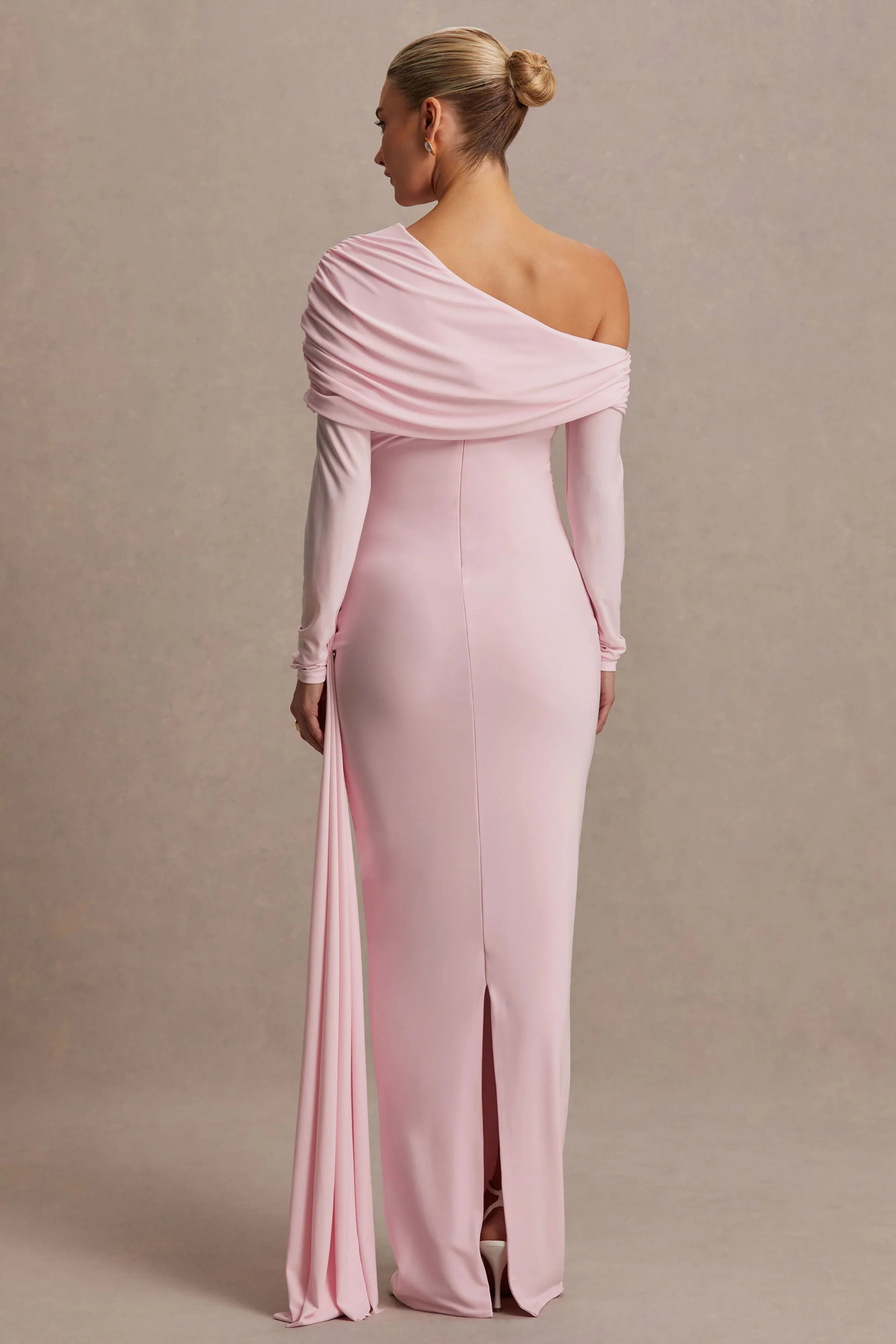 Amara | Blush Pink Asymmetric-Neck Maternity Maxi Dress With Sash Detail | Club L London