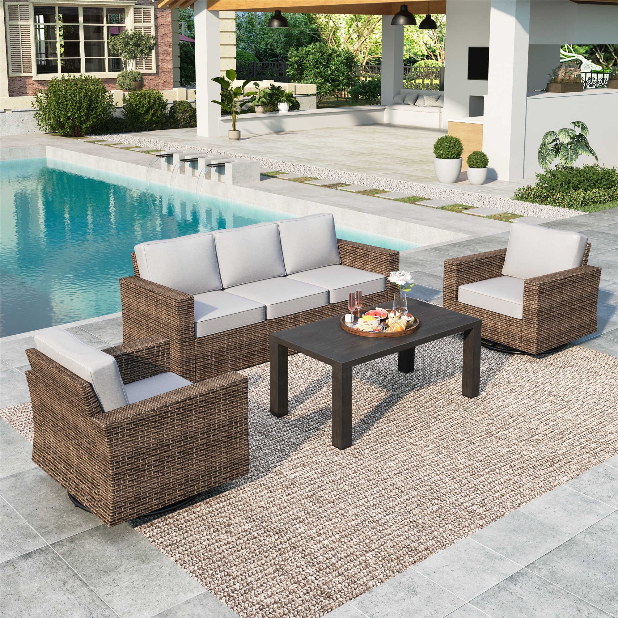 Summit Living 4 Pieces Patio Conversation Set Wicker Outdoor Furniture Sectional Sofa Set Beige -... | Walmart (US)