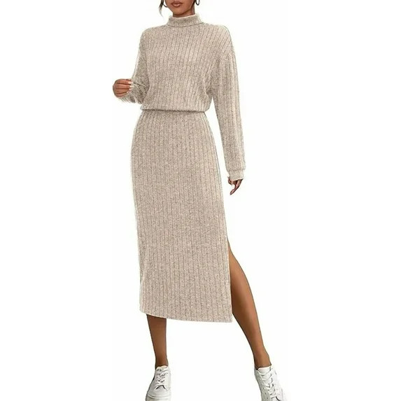 PRETTYGARDEN Turtle Neck Dresses for Women Fall Knit Outfits Slit Elastic Waist Long Sleeve Bodyc... | Walmart (US)