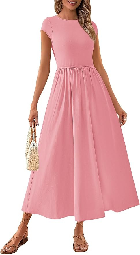 PRETTYGARDEN Women's Summer Casual Long Dresses Cap Sleeve Patchwork A Line Flowy Modest Elegant ... | Amazon (US)