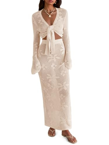 Saodimallsu Womens Crochet Swim Cover Up 2 Piece V Neck Long Sleeve Wrap Tie Crop Tops Beach Boho... | Amazon (US)