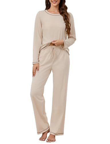 KCW Pajamas for Women Set 100% Cotton Pjs Long Sleeve Cute Crewneck Loungewear Ladies Soft Sleep Sets Apricot M | Amazon (US)