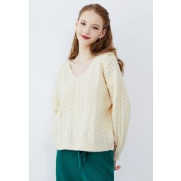 V-Neck Pointelle Knit Sweater in Cream | Chicwish