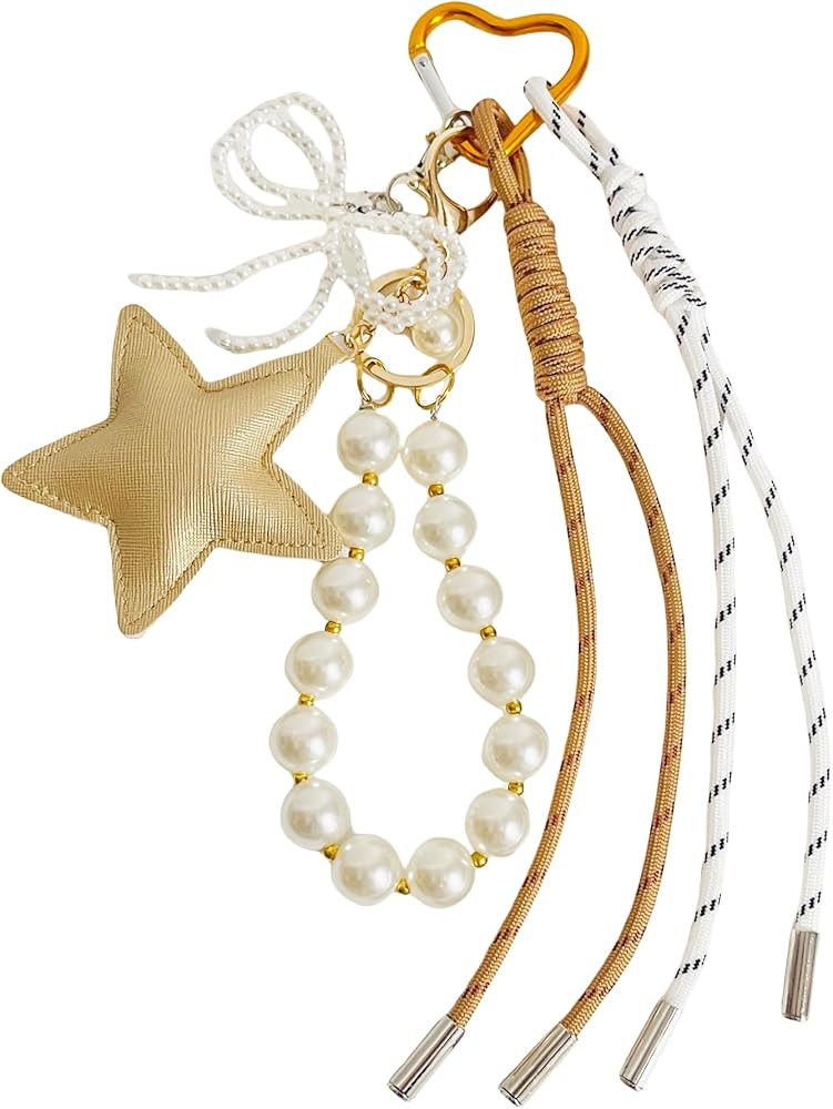 QTMY Cute Star Pearl Beaded Bow Rope Braided Keychain Bag Charms for Handbag Purse Backpack Acces... | Amazon (US)
