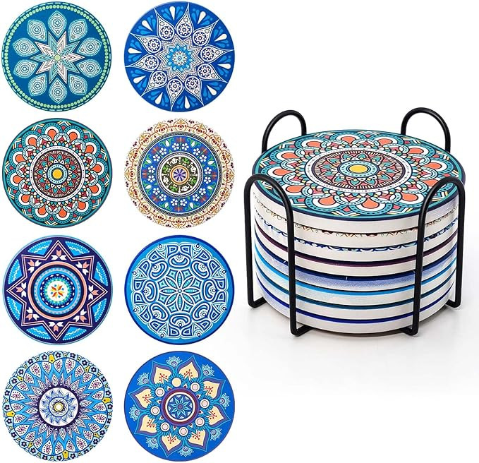 Posavasos para Bebidas, Juego de 8 Posavasos de Corcho Cerámica, con Soporte de Metal de 4 Pulga... | Amazon (ES)