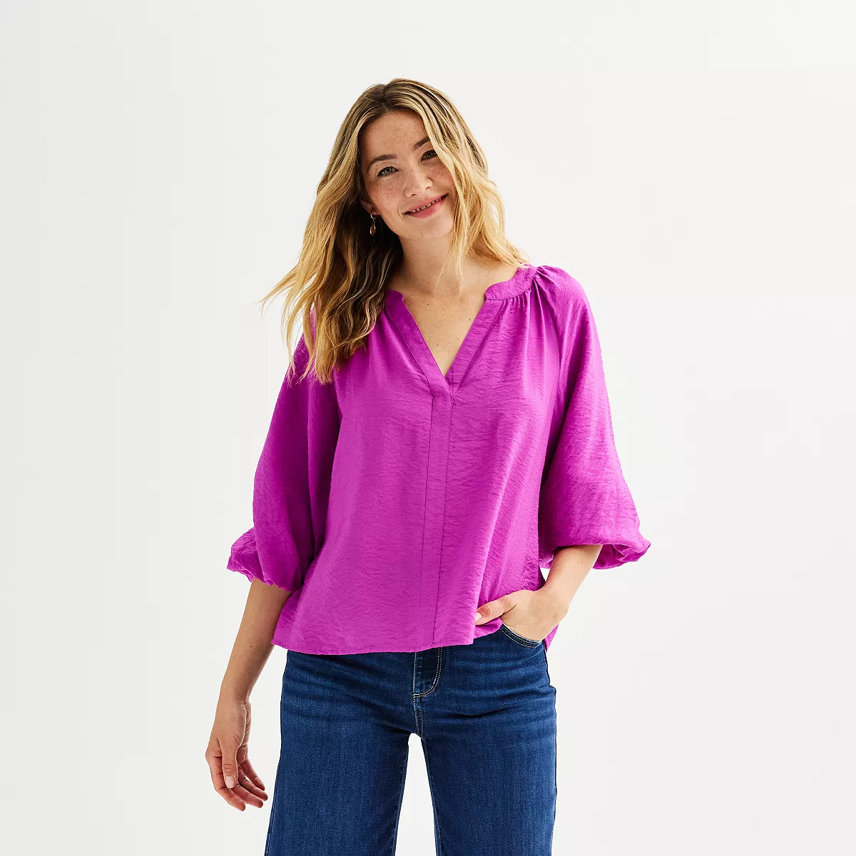 Women's Sonoma Goods For Life® Shirred Balloon Sleeve Y-Neck Top | Kohl's