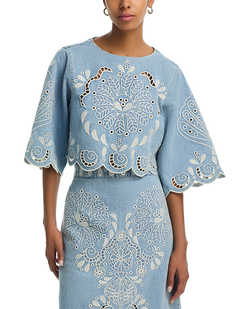 Farm Rio Cropped Denim Embroidered top | Bloomingdale's (US)