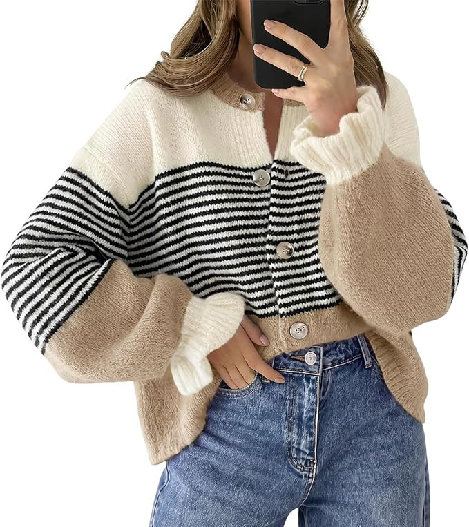 Saodimallsu Womens 2026 Fall Trendy Striped Cardigan Sweaters Ruffle Sleeve Button Up Loose Color... | Amazon (US)