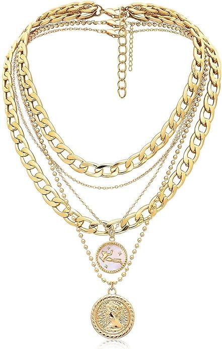 MJartoria Gold Layered Necklaces for Women Trendy Retro Coin Pendant Necklace Dainty Chunky Chain... | Amazon (US)