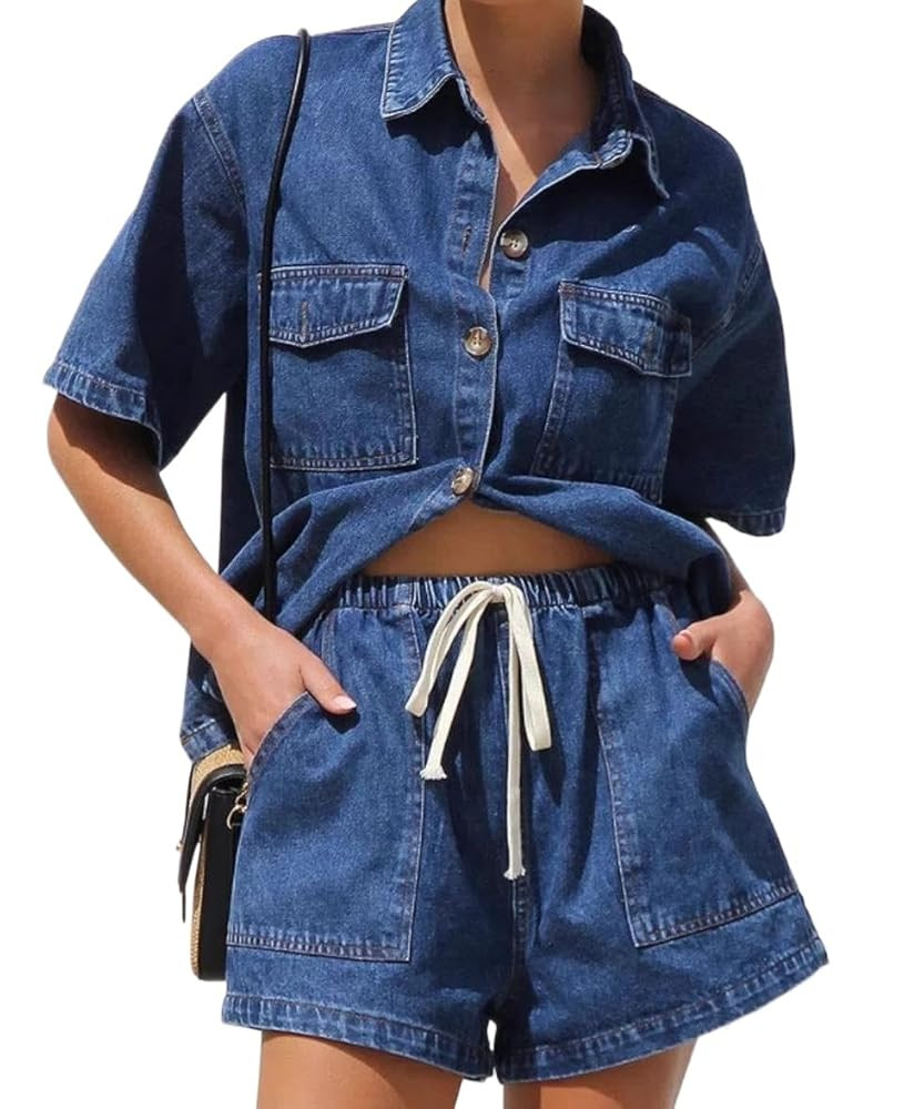 Denim Set for Women 2 Piece Button Down Shirt High Waist Denim Short Set Summer Jean Matching Set... | Amazon (US)