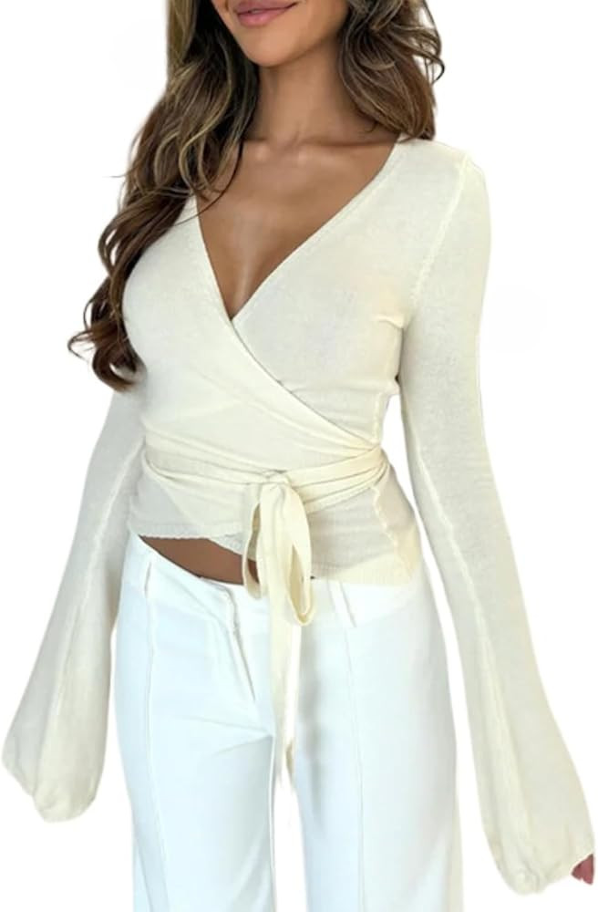 Pilates Wrap Top for Women V Neck Long Bell Sleeve Workout Wrap Yoga Ballet Wrap Tops Clean Girl ... | Amazon (US)
