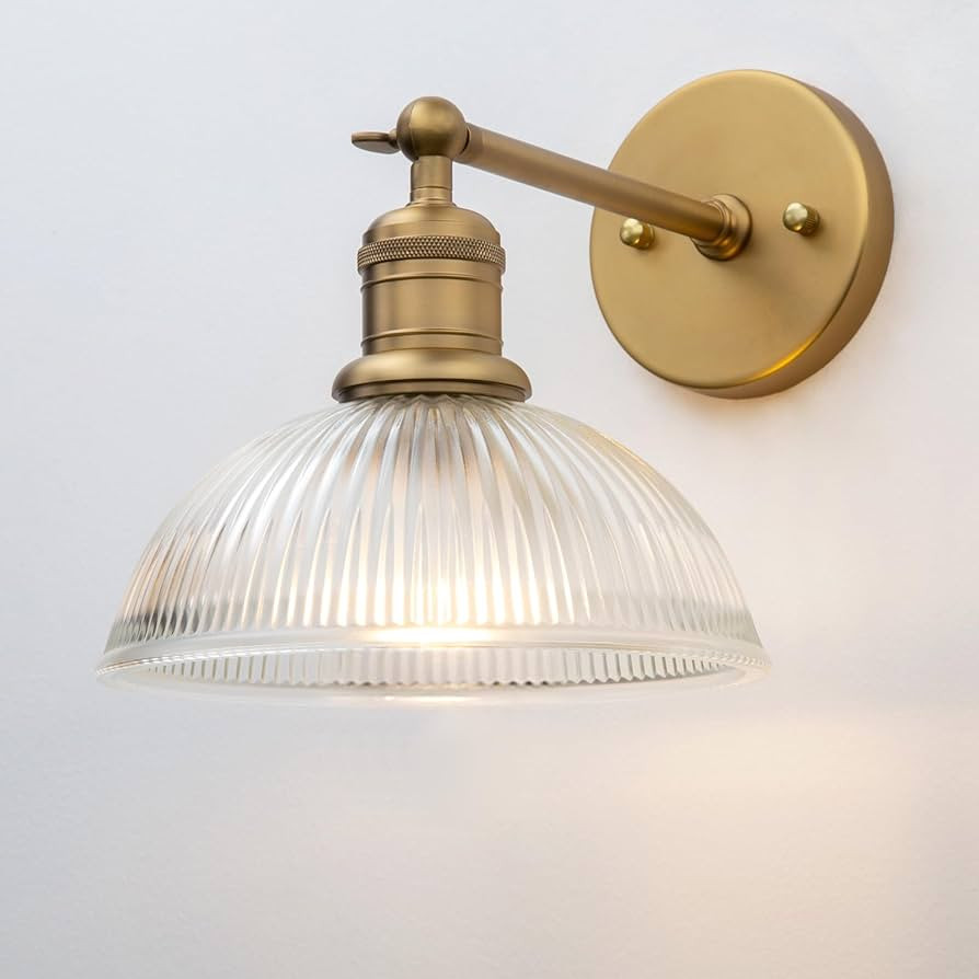 Yosoan Antique Brass Indoor Wall Sconce, 1-Light Modern Vanity Light Vintage Industrial Single Lamp Hardwired Clear Striped Bowl Glass Shade for Living Room Kitchen Bedroom Home Decor(Antique) | Amazon (US)