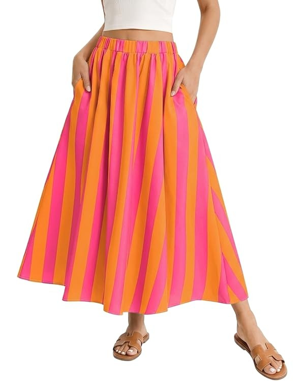Womens Striped Maxi Skirts Summer Vacation A Line Flowy Elastic Waist Long Skirt Beach Casual Out... | Amazon (US)