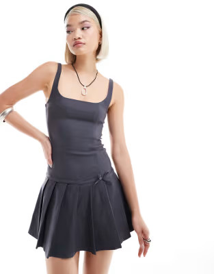 Motel jadzia dropped waist pleated mini dress in charcoal gray | ASOS (Global)