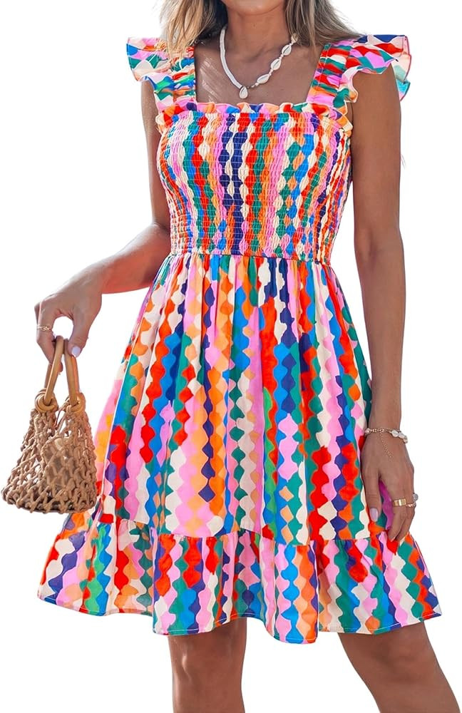 popvil Women Short Dress 2026 Summer Cute A-Line Mini Dress Square Neck Casual Flowy Sleeveless R... | Amazon (US)