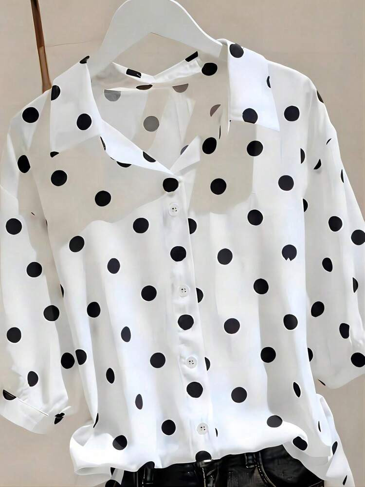 Franclia Casual Commuter Polka Dot Print Turndown Collar Button Short Sleeve Shirt | SHEIN