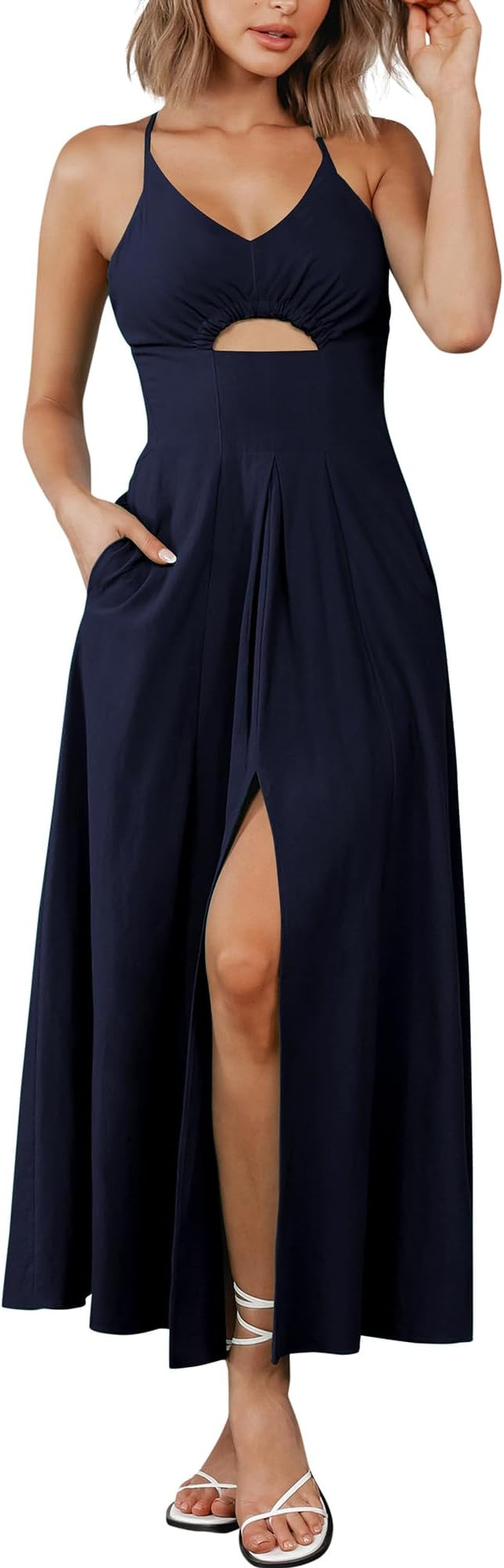 BTFBM Women 2025 Summer Spaghetti Strap Midi Dress Sleeveless V Neck Cutout Slit Casual Beach Par... | Amazon (US)