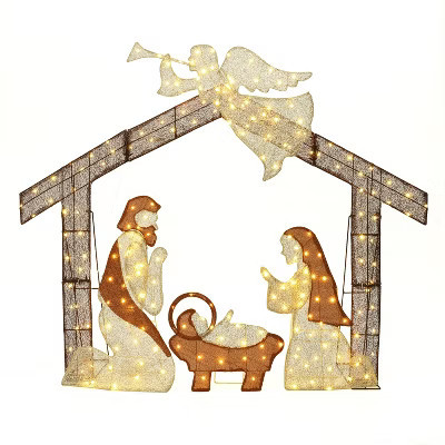 LuxenHome 5.7Ft x 4.75Ft Nativity Scene with Angel Outdoor Holiday Decoration with Lights Brown, Beige | Target
