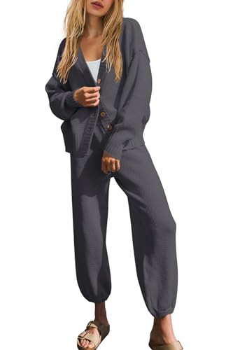 ReachMe Womens Loungewear Set Cardigan Lounge Set Cozy Knit Set Macthing 2 Piece Outfits Button Sweater Set(Dark Grey,L) | Amazon (US)