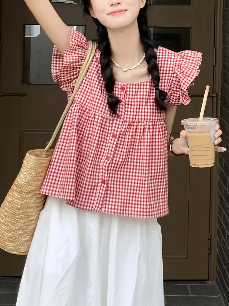 Plaid Print Ruffle Trim Blouse, Sweet Square Neck Button Front Blouse For Spring & Summer, Women'... | Temu Affiliate Program