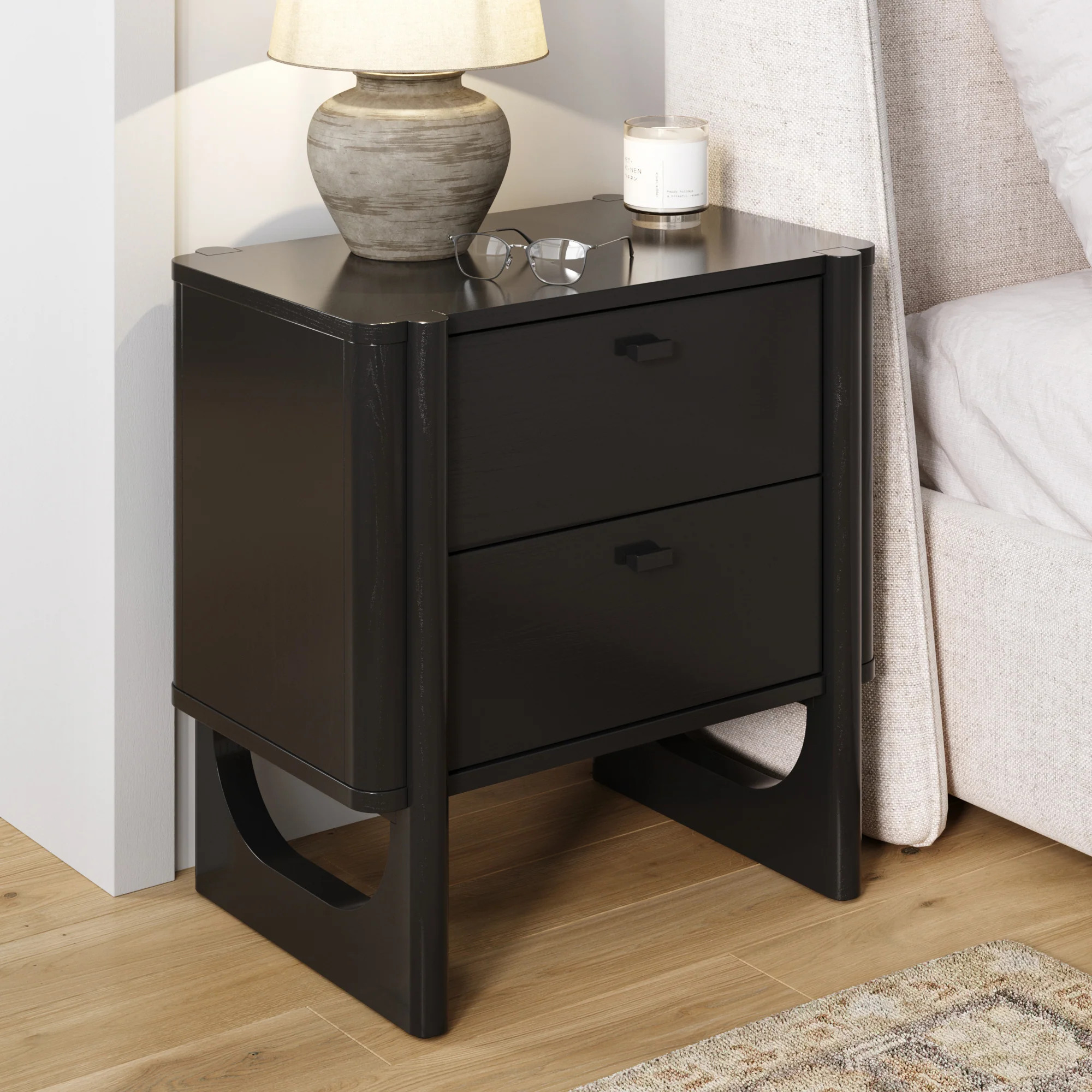 Mid Century Modern 2-Drawer Solid Wood Nightstand Black | Nathan James