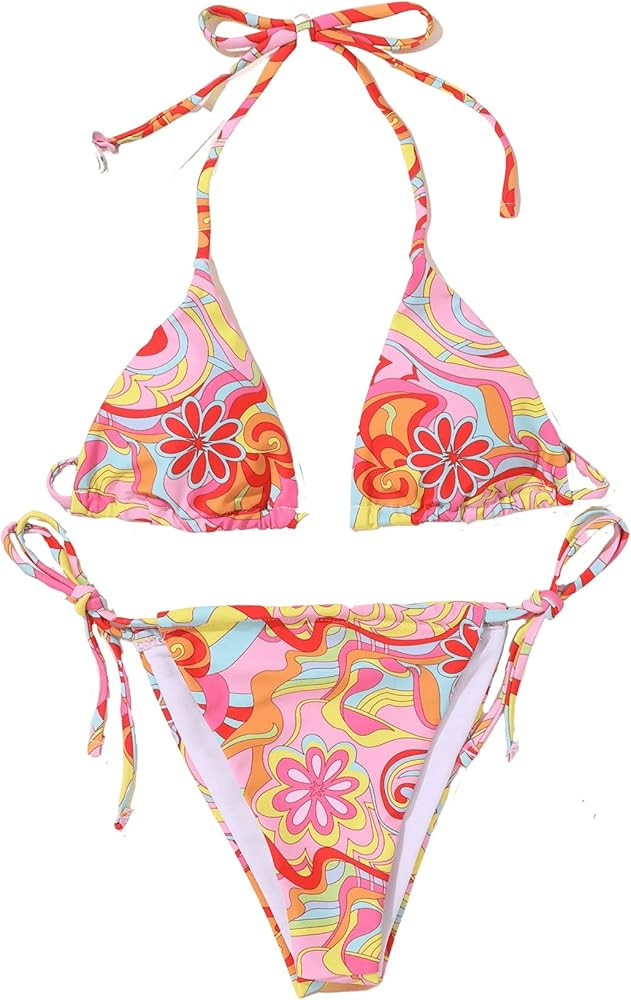 SOLY HUX Women's Floral Print Halter Triangle Tie Side Bikini Set Two Piece Swimsuits | Amazon (US)