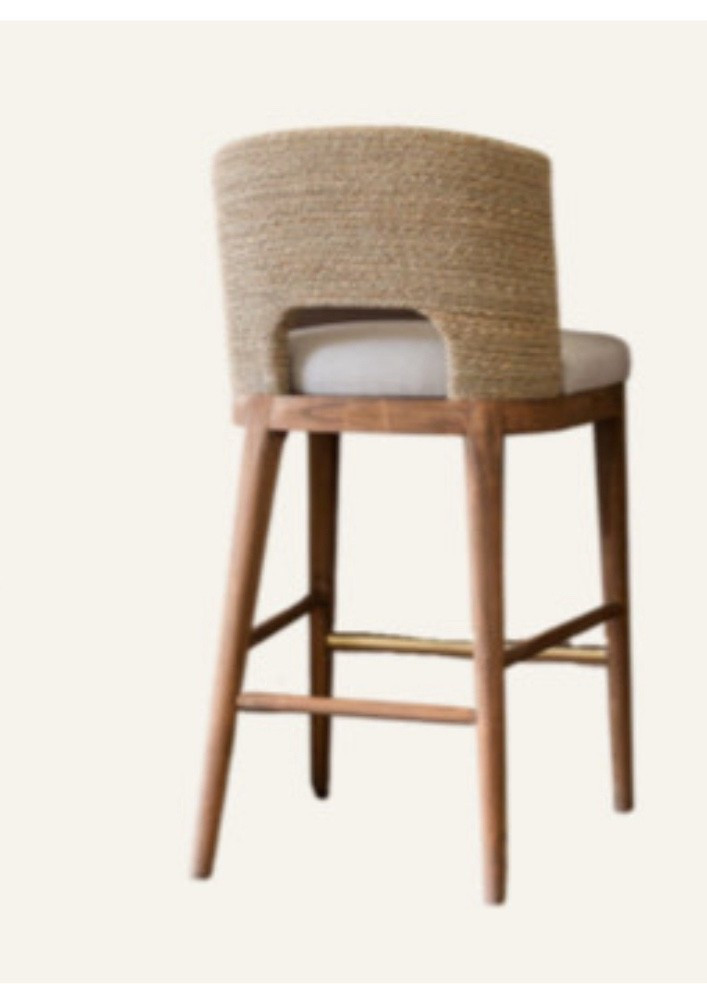 McGee and Co Seagrass counter stool and CB2 alabaster ceiling lights 9” and 13” 