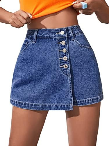 SweatyRocks Women's Casual High Rise Button Front Wrap Denim Skort Skirt with Pocket | Amazon (US)