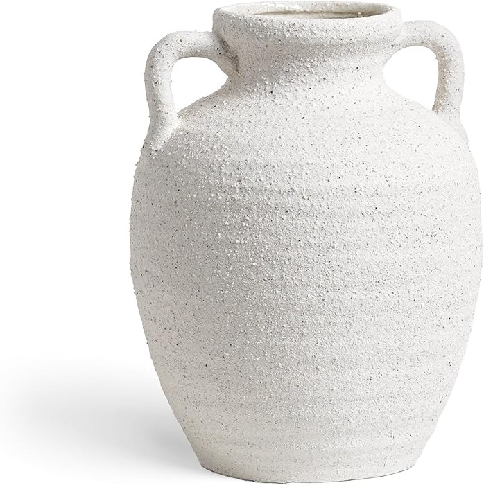 Large White Ceramic Vase with Handles - 9.5 Inch Tall Rustic Farmhouse Flower Vase, Decorative Ac... | Amazon (US)