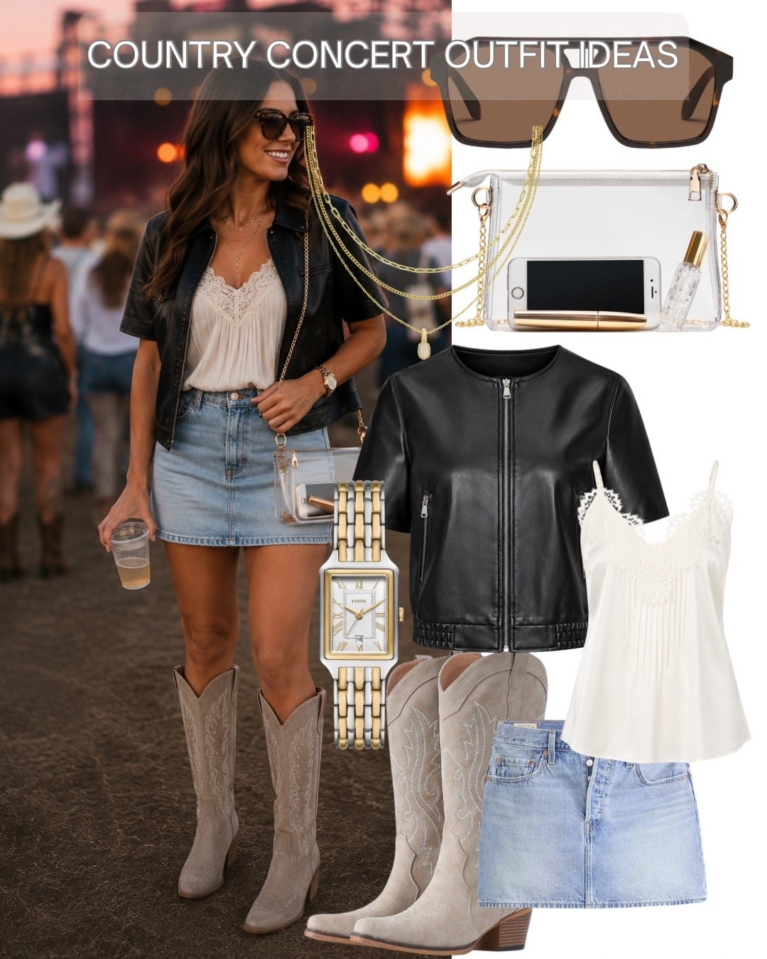 Country concert season calls for the perfect country concert outfit, and this neutral western-inspired look checks every box. From the lace cami and denim mini skirt to the statement boots, clear stadium bag, and elevated accessories, these are versatile pieces you’ll wear long after concert season. Concert outfit. I’ve linked every item and similar finds from my favorite retailers to make styling your next concert, festival, or Nashville getaway effortless.

#LTKSaleAlert #LTKSeasonal #LTKootd