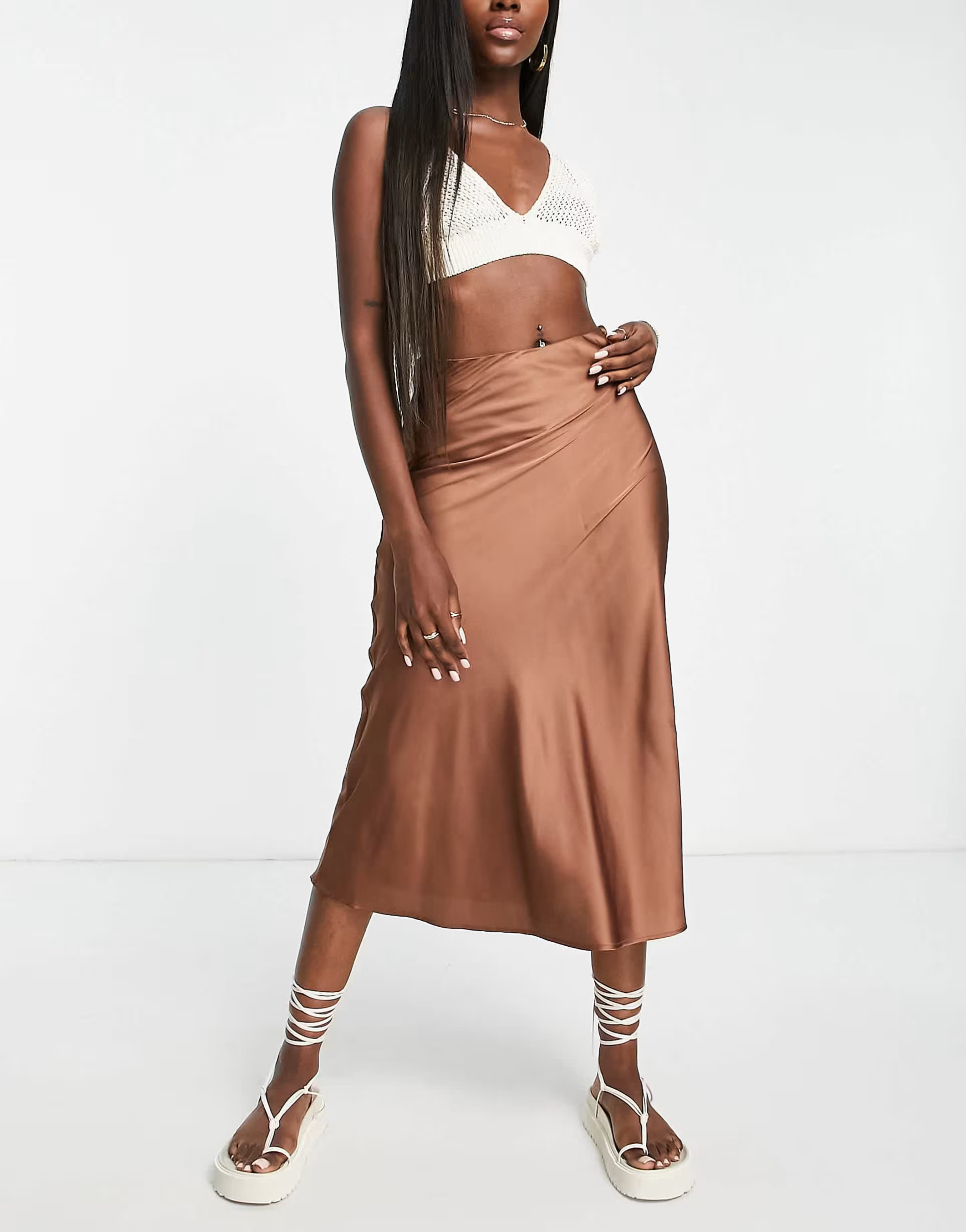 Monki satin maxi skirt in brown | ASOS (Global)