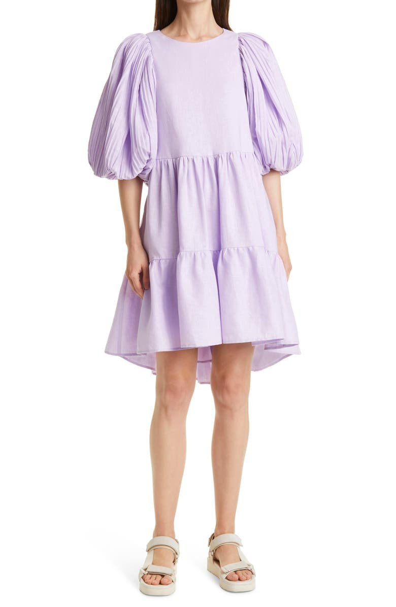 Bailey Broomstick Puff Sleeve Linen Blend Dress | Nordstrom