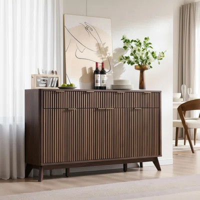 This Dark Walnut Wood Sideboard Features A Recessed Design, 3 Drawers, And 4 Doors, Functioning As A Coffee Bar/Wine Cabinet And Suitable For Dining R | Wayfair North America