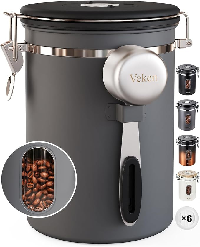 Veken Coffee Canister with Window,Airtight Stainless Steel Kitchen Food Storage Container, Date T... | Amazon (US)