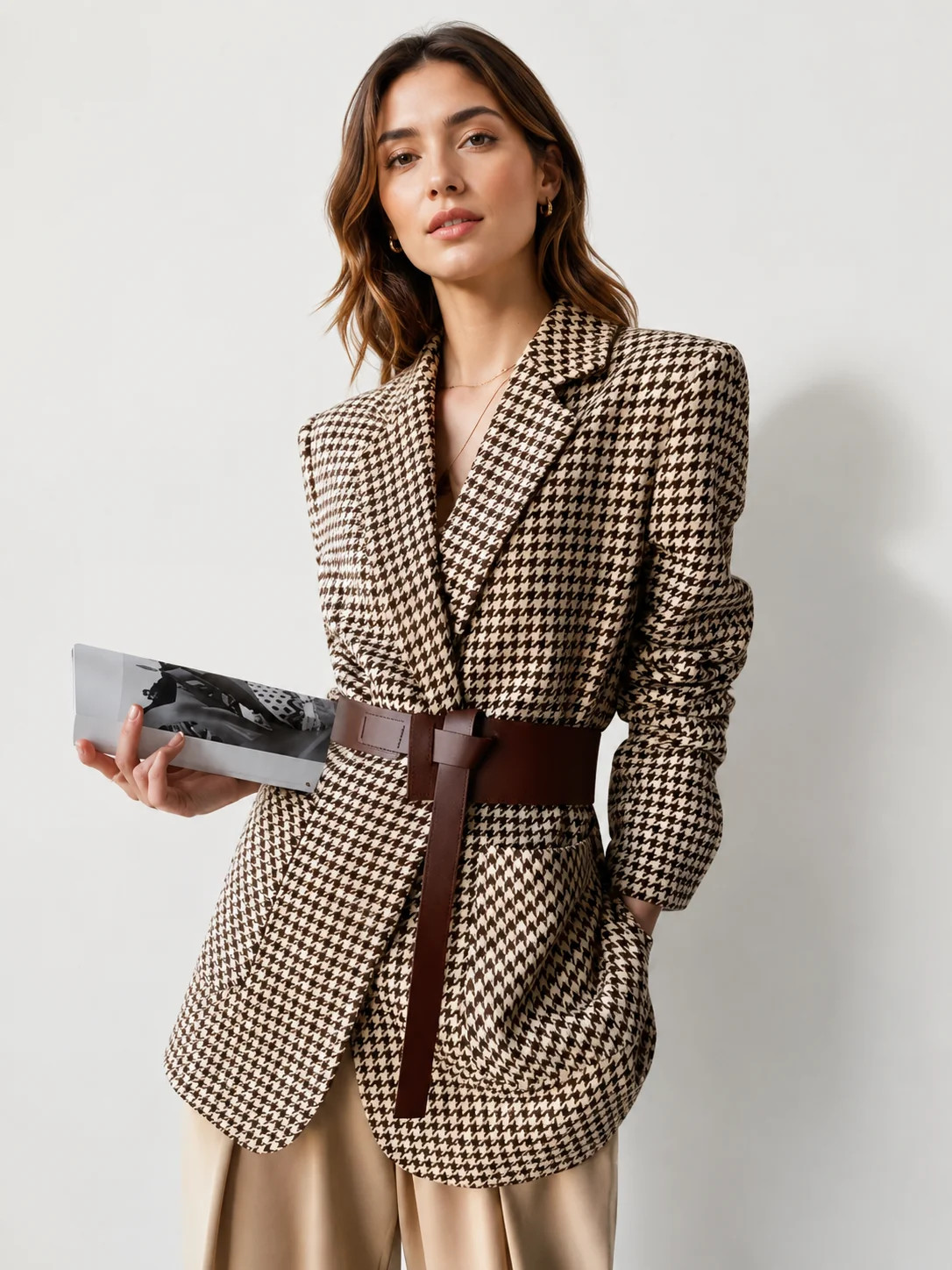 Houndstooth Split Blazer With Belt | Commense