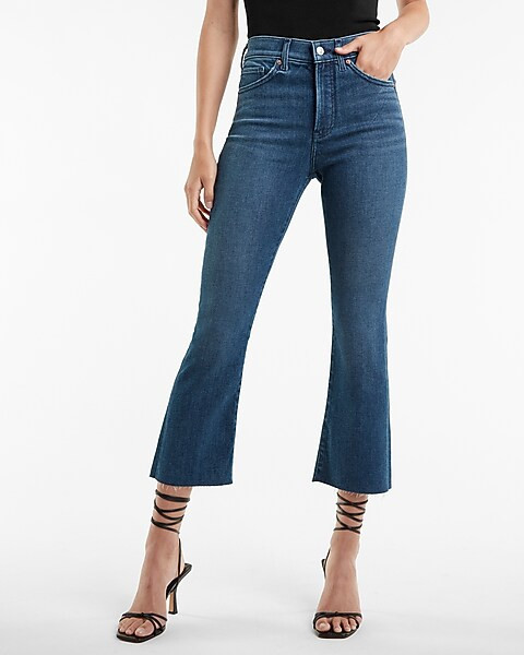 High Waisted Dark Wash Raw Hem Cropped Flare Jeans | Express