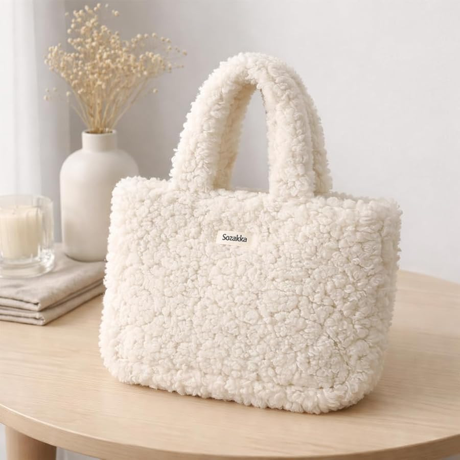 Amazon.com: Handbag Soft Plush Tote, Mini Solid Color Carry Bag for Travel and Daily Outings (Bei... | Amazon (US)