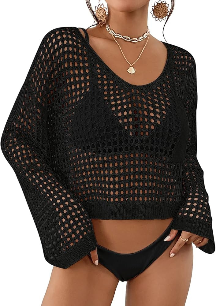 Bsubseach Womens Crochet Crop Top Black Swimsuit Cover Up Black Cover Up Top Black Top Amazon | Amazon (US)