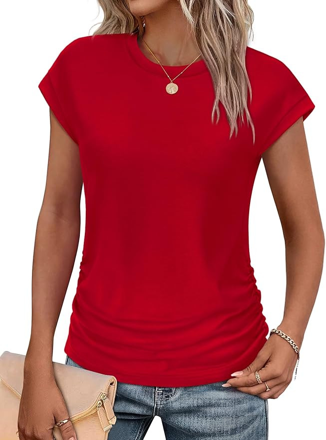 SAMPEEL Womens Summer Tops Trendy 2025 Ruched Cap Short Sleeve Tshirts Shirts Crew Neck T Shirts ... | Amazon (US)