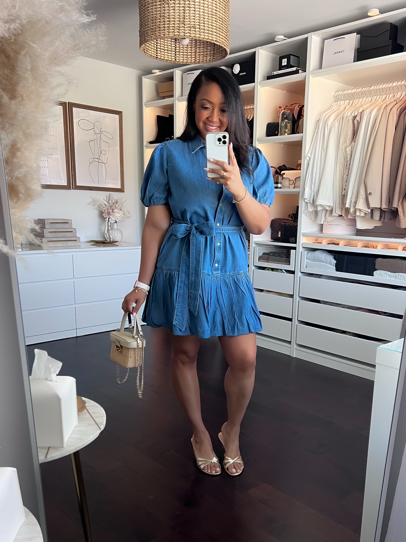 Sharing more looks from my Walmart haul! Love this cute denim dress! The ruffle detail. Runs TTS, I’m wearing a Large. And it paired so nice with these gold thong mules. They run big so if in between sizes, size down. 