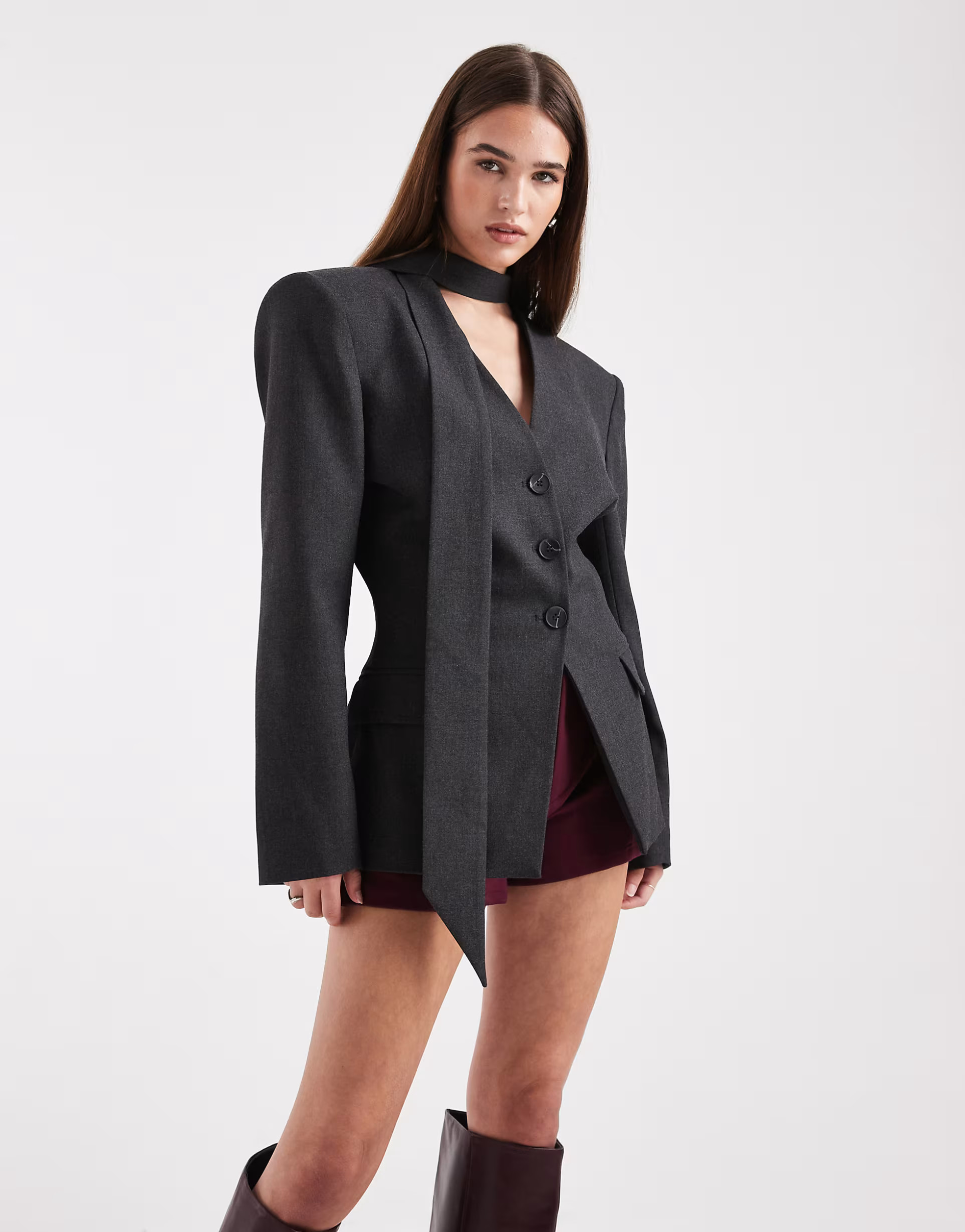 ASOS DESIGN cinch shoulder pad blazer with scarf in grey | ASOS (Global)