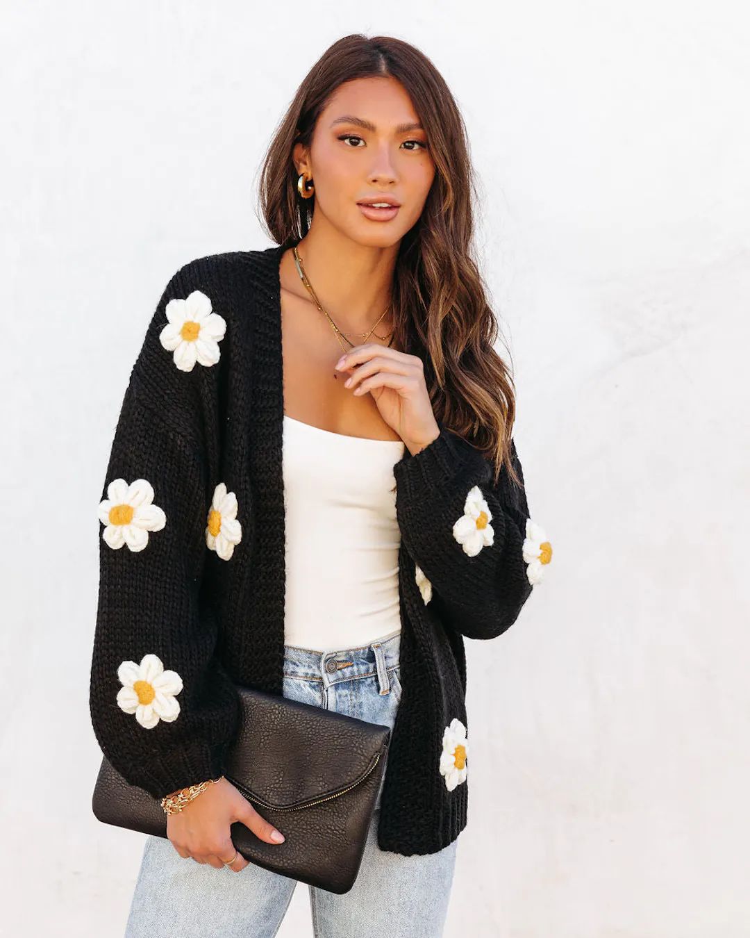 Fallen Daisy Oversized Knit Cardigan - Black | VICI Collection