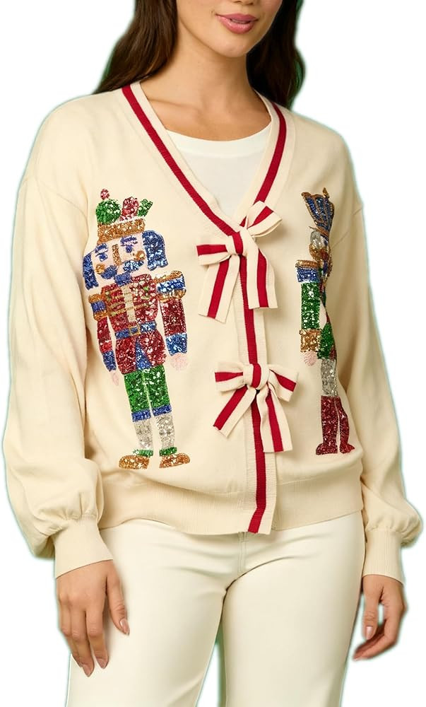 Women's Bow Tie Cardigan Sweaters Sequin Graphic Long Sleeve Open Front Knitted Cardigans Cute Pa... | Amazon (US)