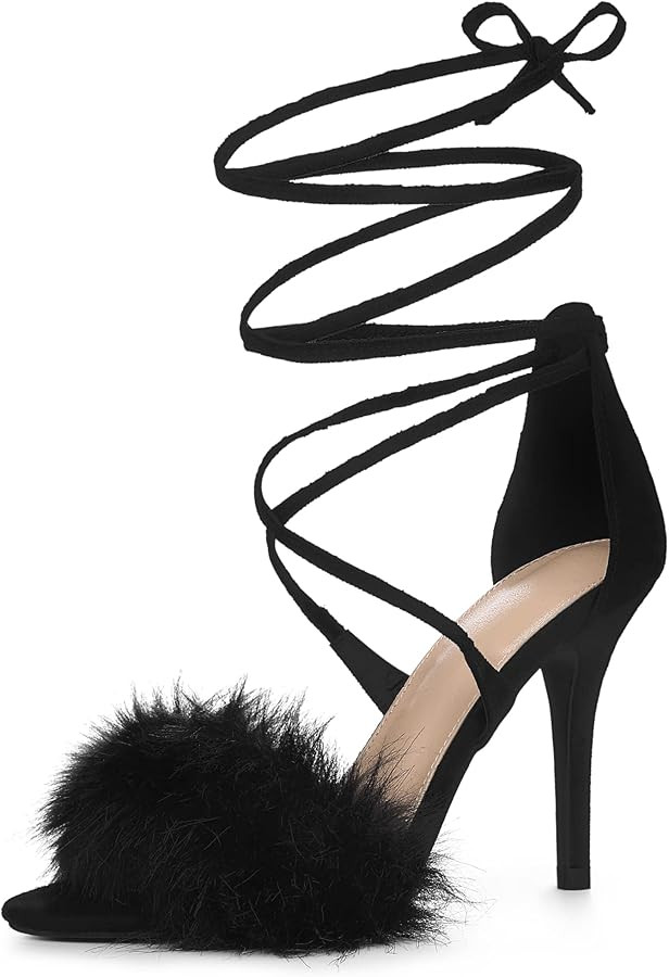 Allegra K Women's Faux Fur Stiletto Heel Lace Up Heels Sandals | Amazon (US)