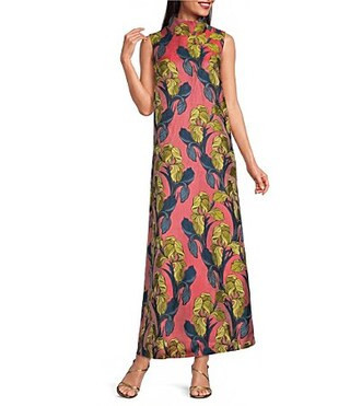 Buru Mod Jacquard Coral Iris Print Mock Neck Sleeveless Shift Maxi Dress -  L | Dillard's